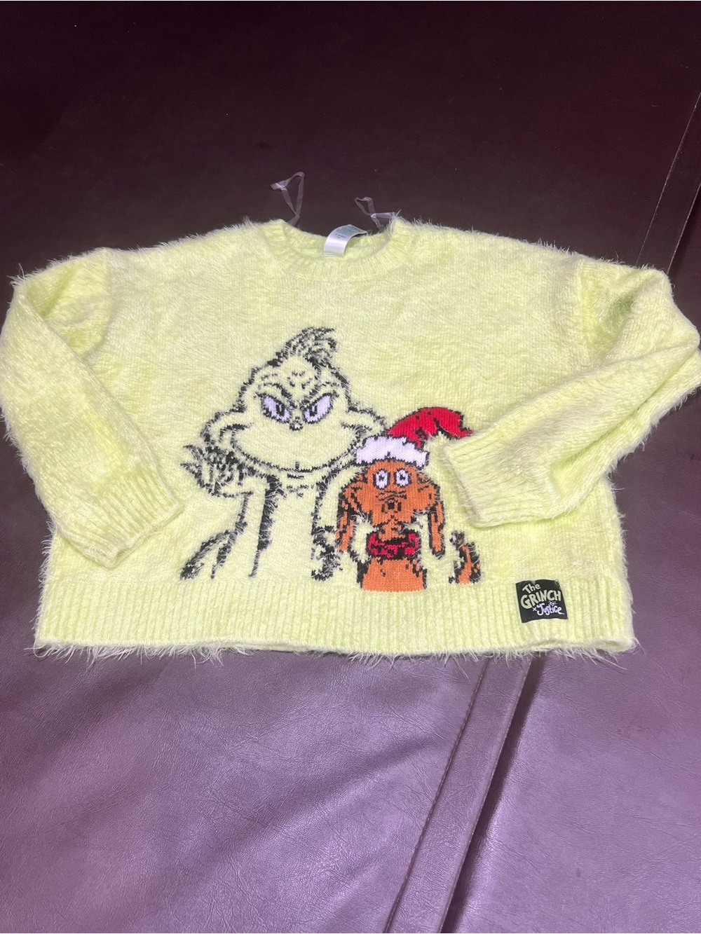Justice x The Grinch Fuzzy Holiday Sweater in Neon Green